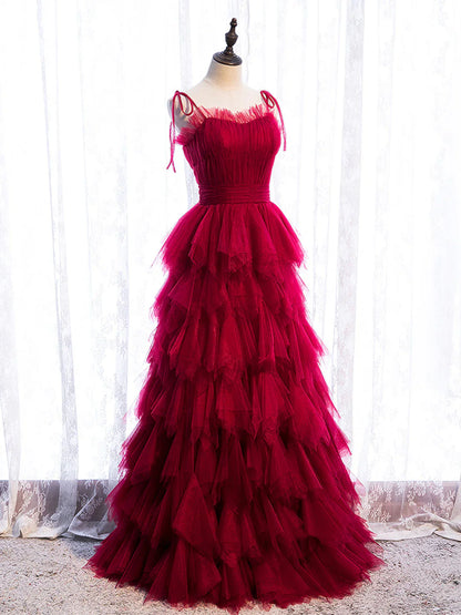 Burgundy Tulle Long Prom Dresses, Burgundy Formal Graduation Dresses ED0713