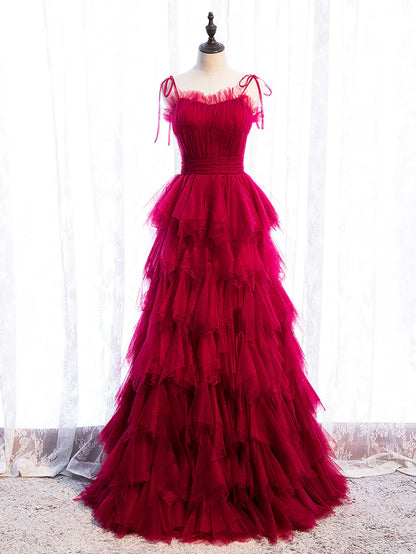 Burgundy Tulle Long Prom Dresses, Burgundy Formal Graduation Dresses ED0713