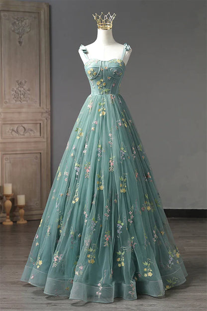 A-Line Dusty Green Tulle Lace Long Prom Dresses, Green Formal Evening Dress ED0716