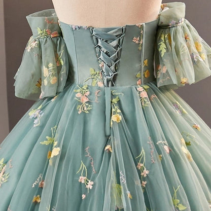 A-Line Dusty Green Tulle Lace Long Prom Dresses, Green Formal Evening Dress ED0716