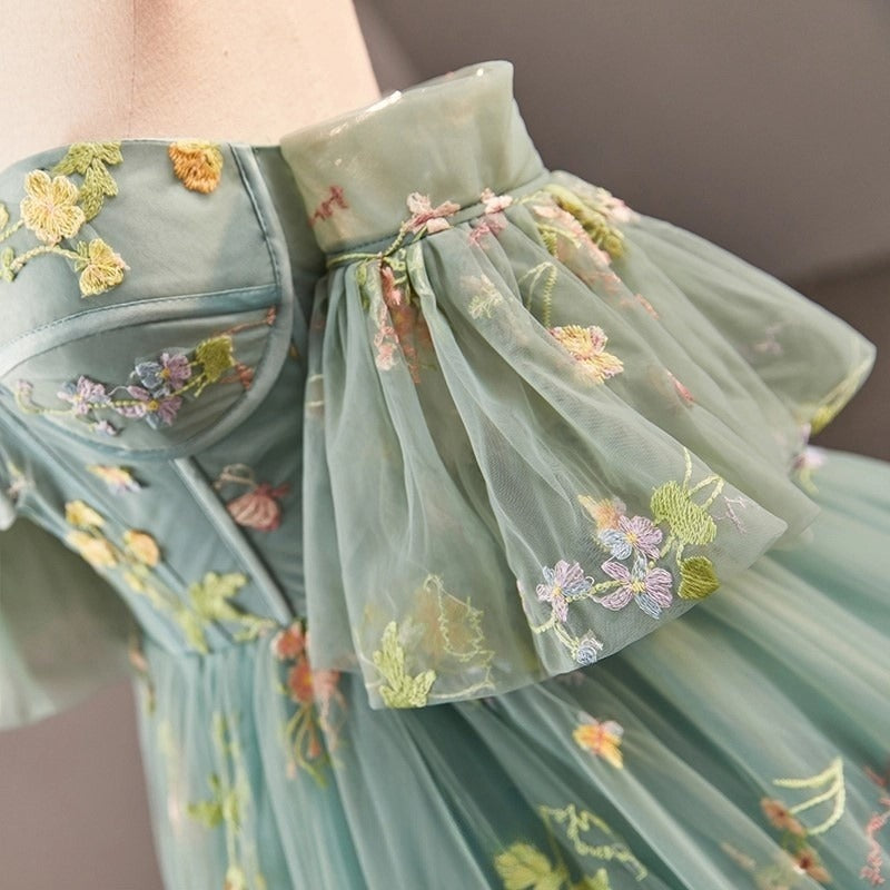 A-Line Dusty Green Tulle Lace Long Prom Dresses, Green Formal Evening Dress ED0716