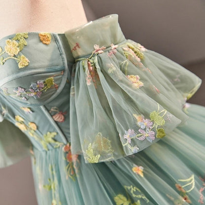 A-Line Dusty Green Tulle Lace Long Prom Dresses, Green Formal Evening Dress ED0716