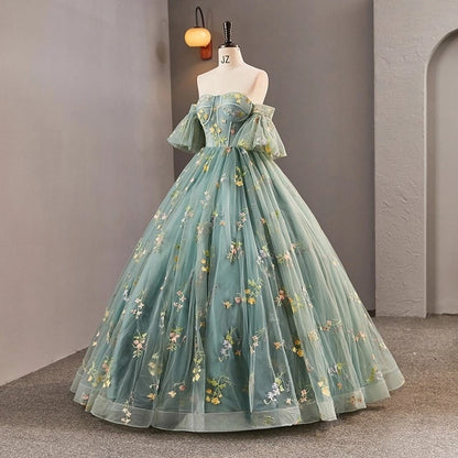 A-Line Dusty Green Tulle Lace Long Prom Dresses, Green Formal Evening Dress ED0716