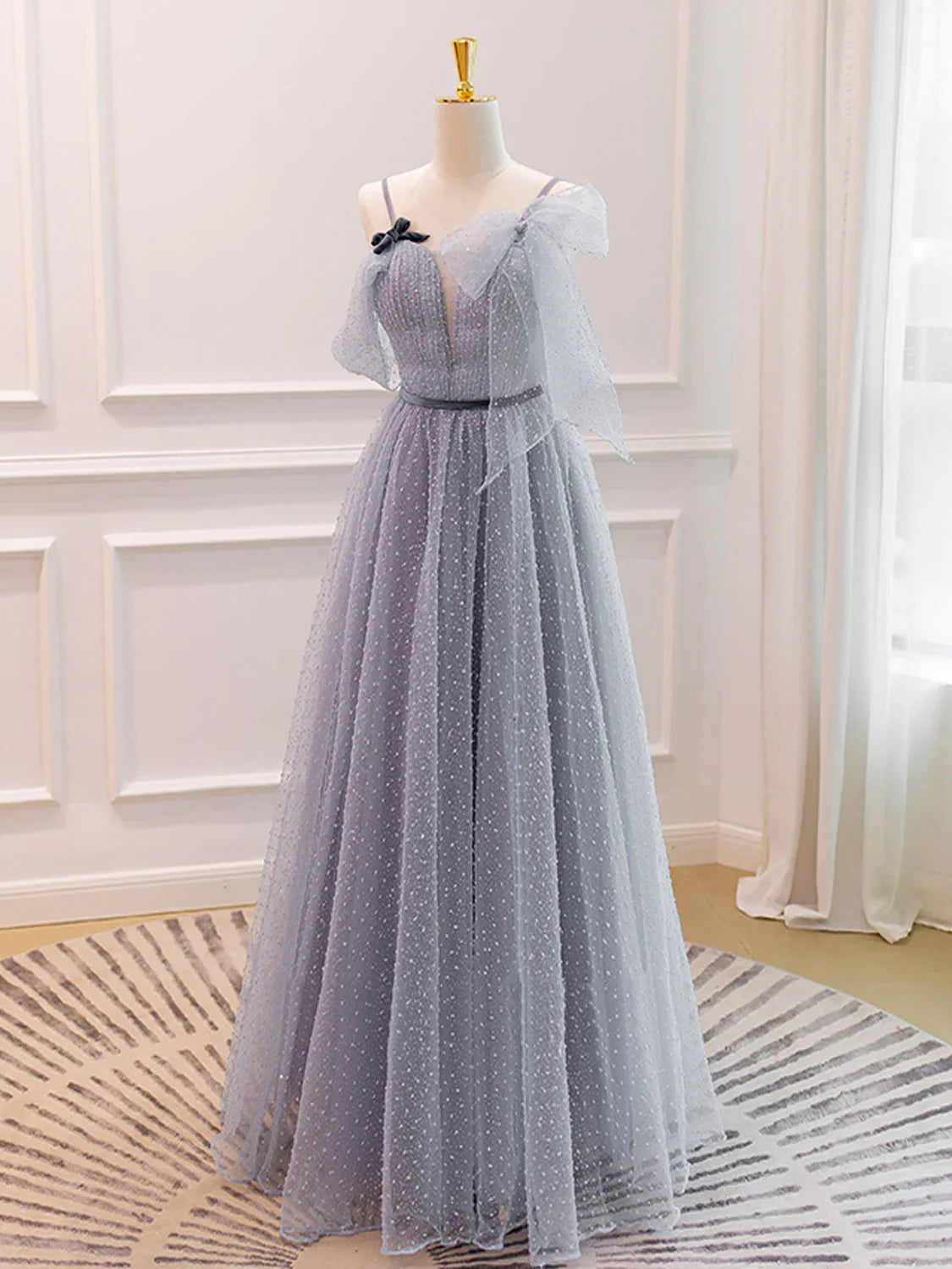 Gray A-Line Tulle Long Prom Dresses, Gray Formal Evening Dresses ED0717