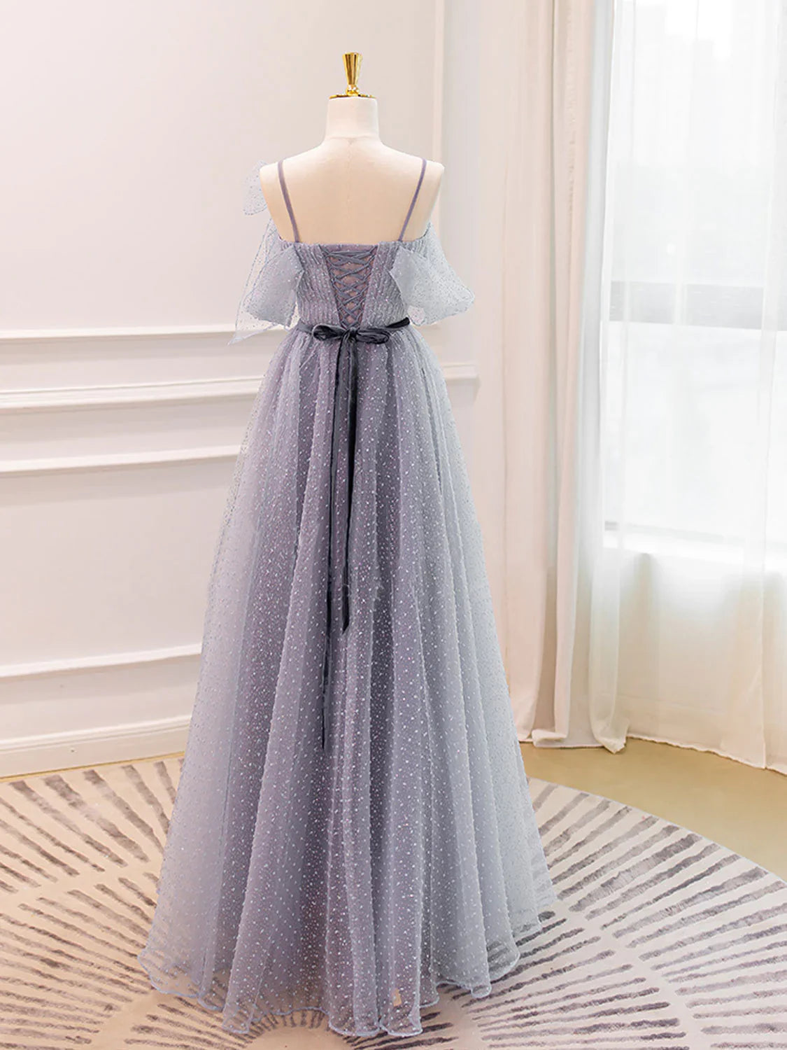 Gray A-Line Tulle Long Prom Dresses, Gray Formal Evening Dresses ED0717