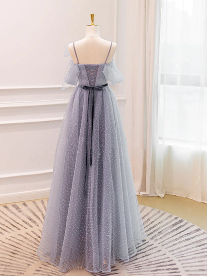 Gray A-Line Tulle Long Prom Dresses, Gray Formal Evening Dresses ED0717