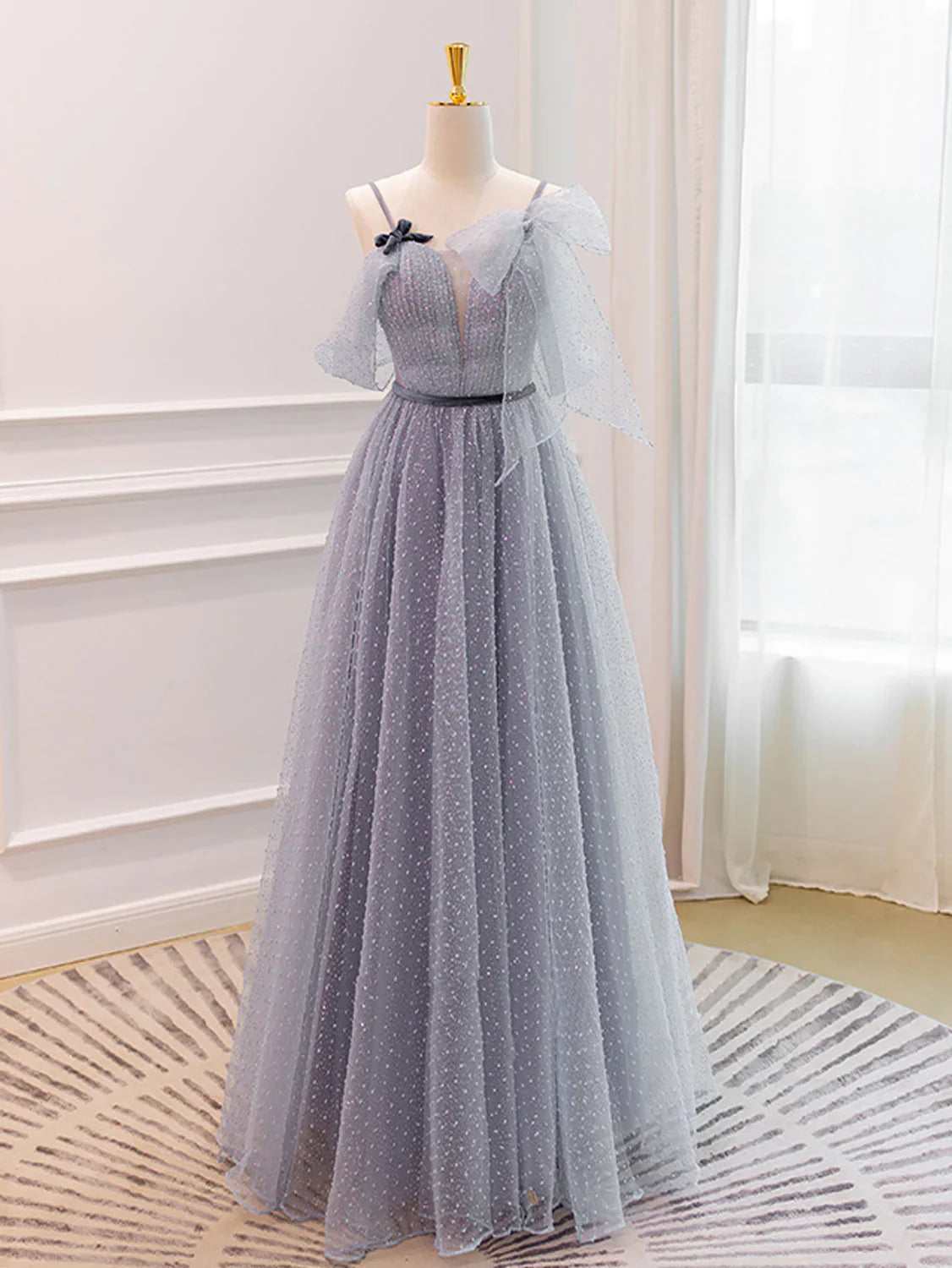 Gray A-Line Tulle Long Prom Dresses, Gray Formal Evening Dresses ED0717