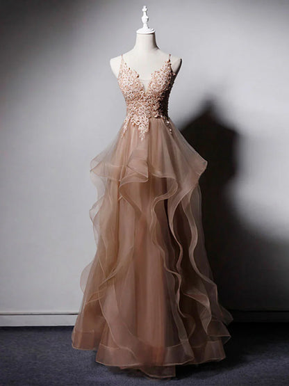 Champagne v neck tulle lace long prom dress,champagne evening dress ED0719