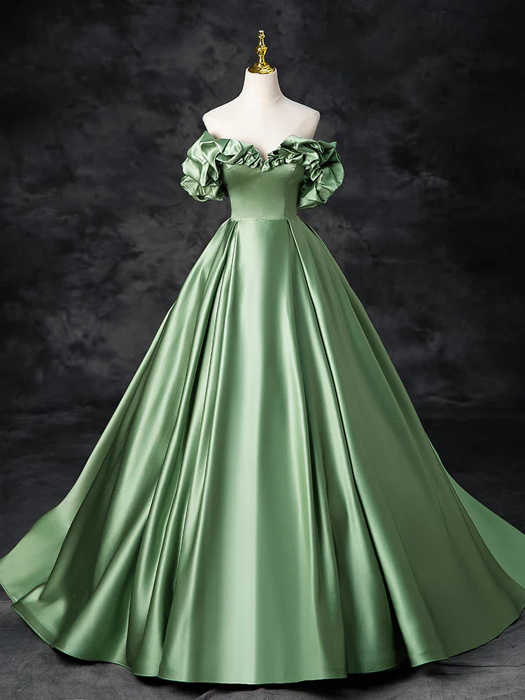 A-Line Satin Green Long Prom Dress, Green Formal Evening Dress ED0720