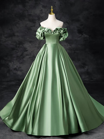 A-Line Satin Green Long Prom Dress, Green Formal Evening Dress ED0720