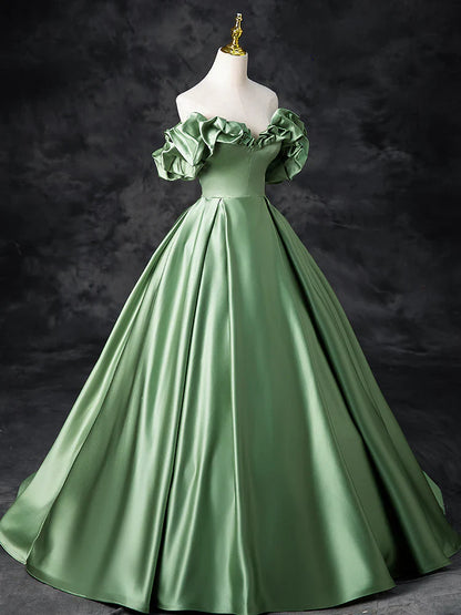 A-Line Satin Green Long Prom Dress, Green Formal Evening Dress ED0720