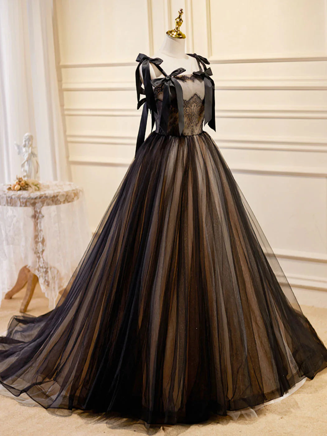 A-Line Black Tulle Lace Long Prom Dresses, Black Long Evening Dresses ED0722