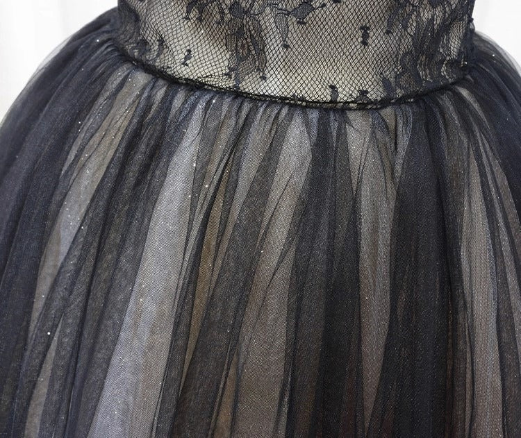 A-Line Black Tulle Lace Long Prom Dresses, Black Long Evening Dresses ED0722