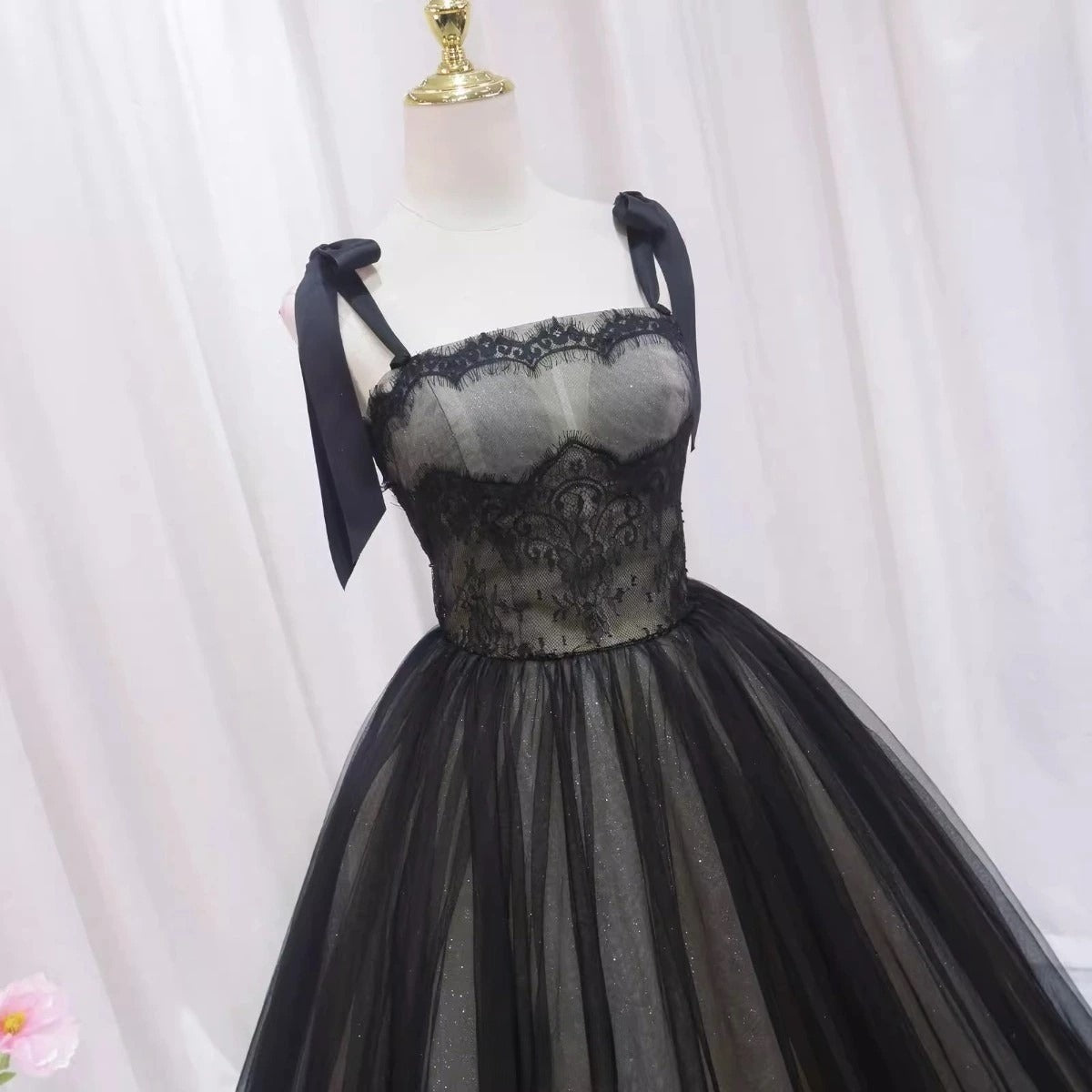 A-Line Black Tulle Lace Long Prom Dresses, Black Long Evening Dresses ED0722