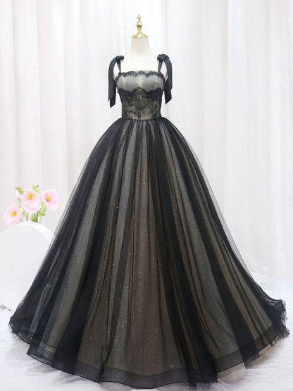 A-Line Black Tulle Lace Long Prom Dresses, Black Long Evening Dresses ED0722