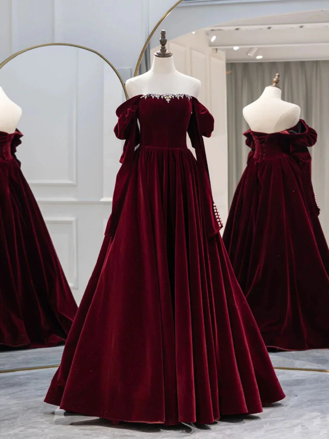 A-Line Burgundy Velvet Long Prom Dress, Burgundy Evening Dresses ED0723