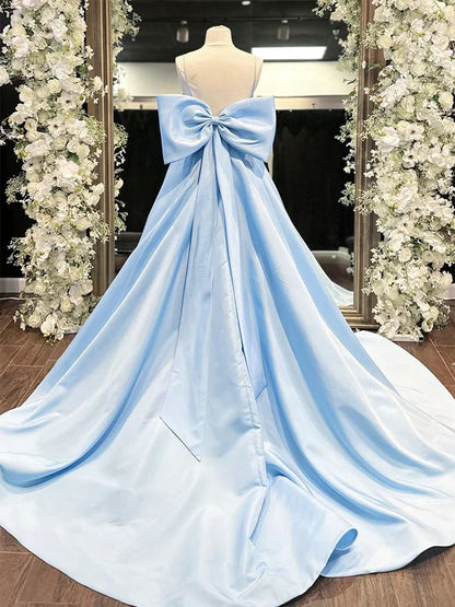 Simple A-Line Satin Blue Long prom Dress, Blue Long Formal Dress ED0724