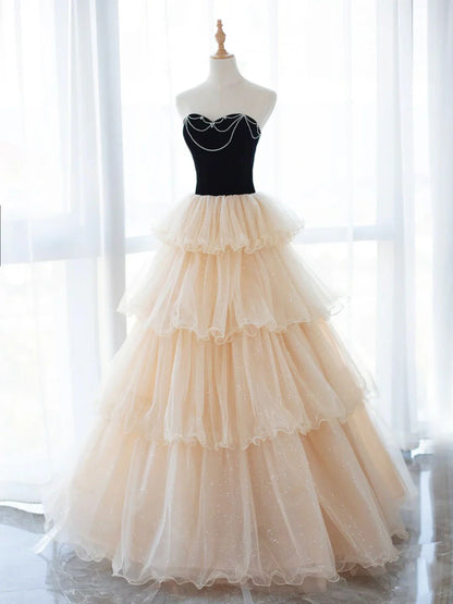 Champagne/Black Tulle Long Prom Dress, Champagne Formal Evening Dress ED0726