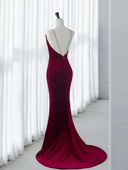 Mermaid Backless Velvet Burgundy Long Prom Dress with Beads   ED073