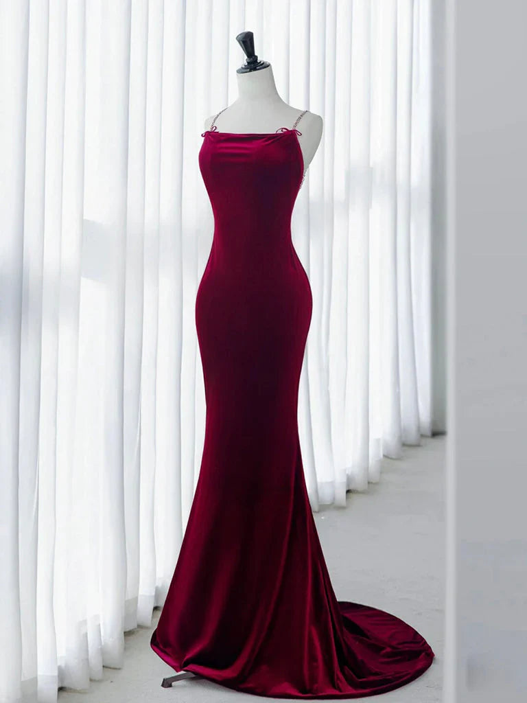 Mermaid Backless Velvet Burgundy Long Prom Dress with Beads   ED073