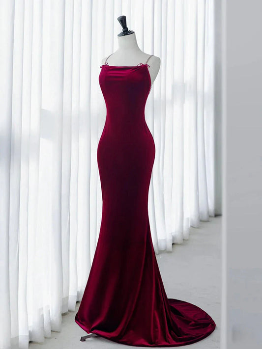 Mermaid Backless Velvet Burgundy Long Prom Dress with Beads   ED073