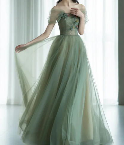 A-Line Green Tulle Long Prom Dresses, Green Formal Evening Dresses ED0731
