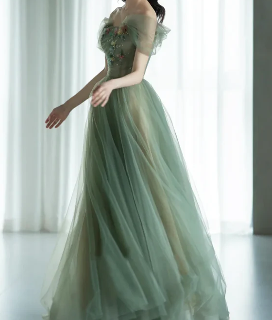 A-Line Green Tulle Long Prom Dresses, Green Formal Evening Dresses ED0731