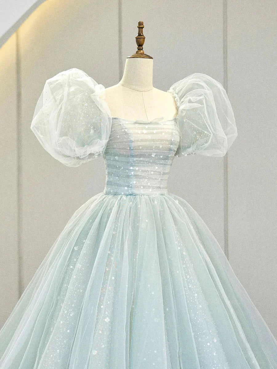 A-Line Puff Sleeves Blue Long Prom Dress, Tulle Formal Evening Dress ED0733