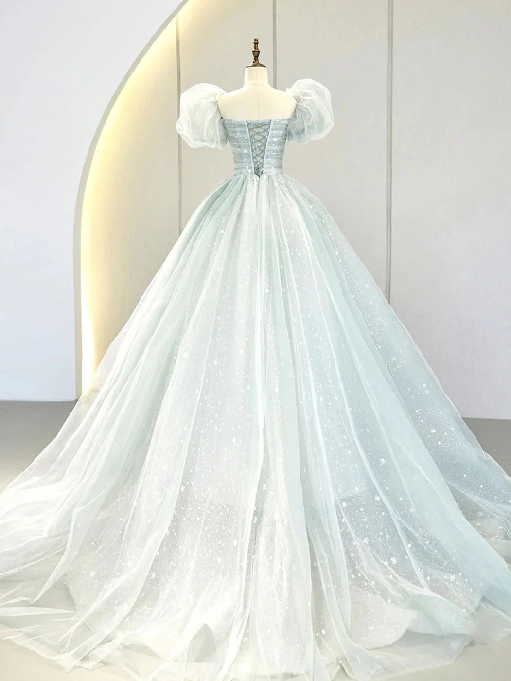 A-Line Puff Sleeves Blue Long Prom Dress, Tulle Formal Evening Dress ED0733