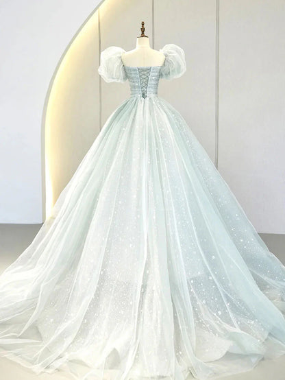 A-Line Puff Sleeves Blue Long Prom Dress, Tulle Formal Evening Dress ED0733