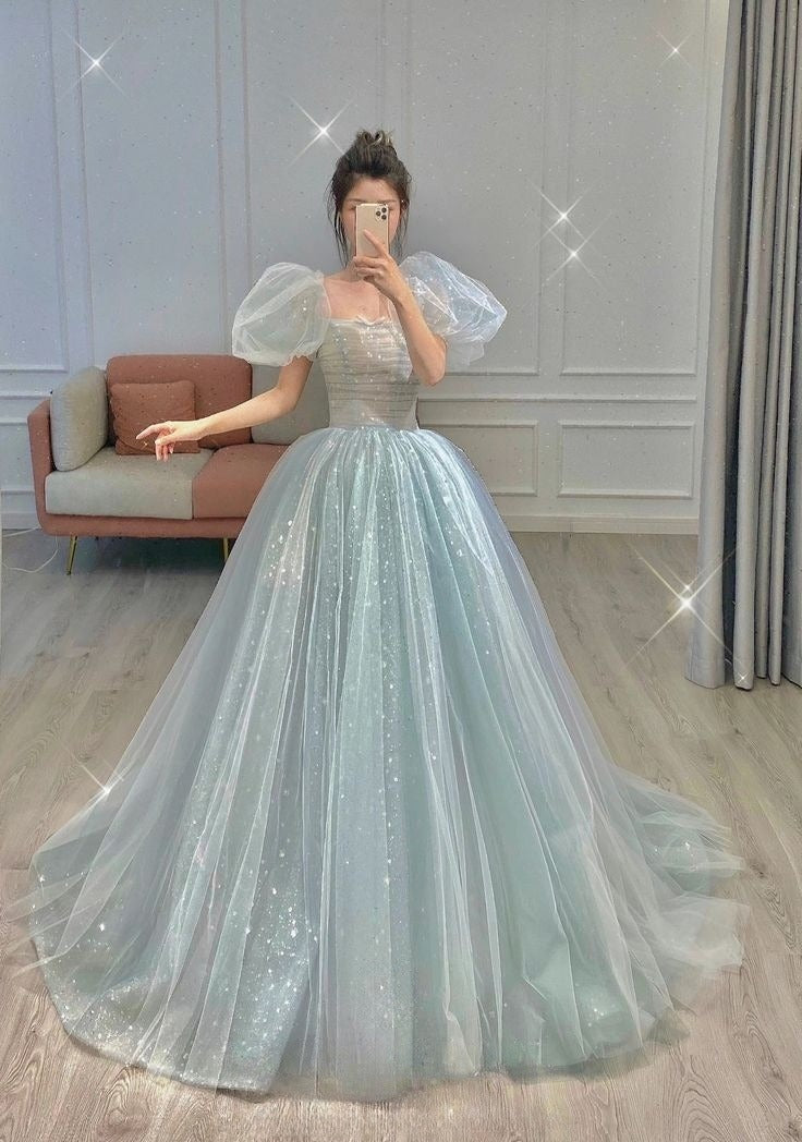 A-Line Puff Sleeves Blue Long Prom Dress, Tulle Formal Evening Dress ED0733