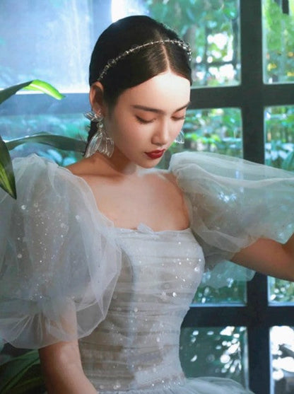 A-Line Puff Sleeves Blue Long Prom Dress, Tulle Formal Evening Dress ED0733