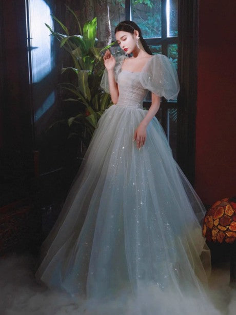 A-Line Puff Sleeves Blue Long Prom Dress, Tulle Formal Evening Dress ED0733