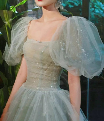 A-Line Puff Sleeves Blue Long Prom Dress, Tulle Formal Evening Dress ED0733