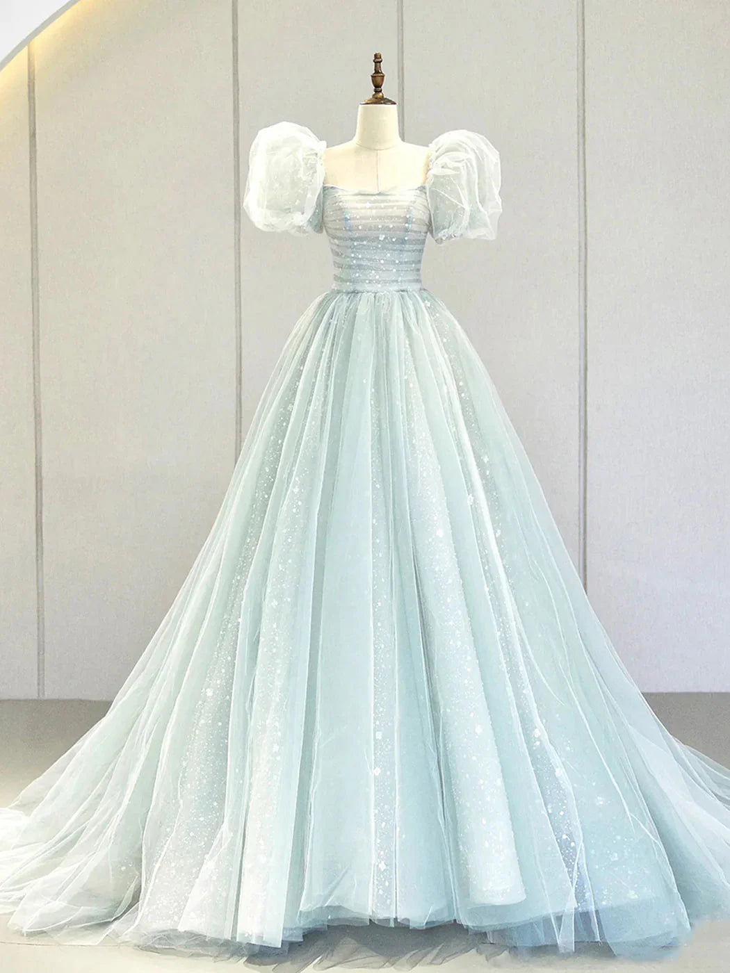 A-Line Puff Sleeves Blue Long Prom Dress, Tulle Formal Evening Dress ED0733