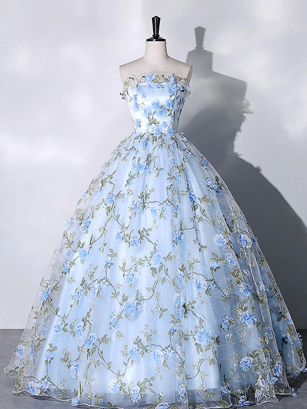 Blue Tulle 3 D Applique Long Prom Dress, Blue Formal Evening Dress ED0734