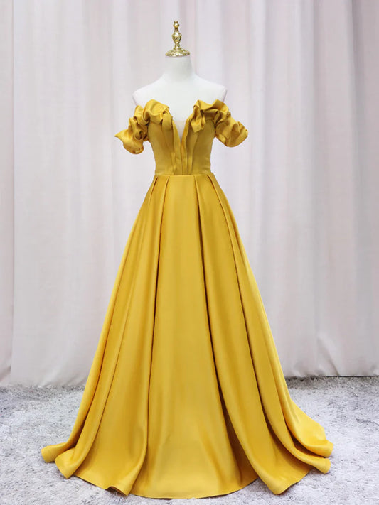 A-Line Off Shoulder Satin Yellow Long Prom Dress, Yellow Formal Dress ED0738