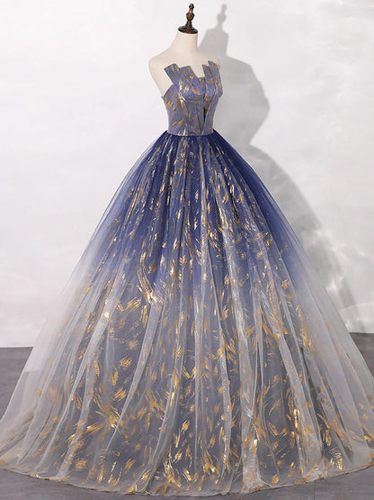 A-Line Tulle Blue Long Prom Dress, Blue Tulle Long Evening Dresses ED0739