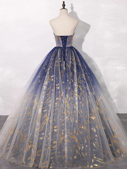 A-Line Tulle Blue Long Prom Dress, Blue Tulle Long Evening Dresses ED0739