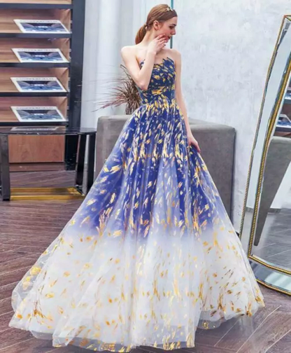 A-Line Tulle Blue Long Prom Dress, Blue Tulle Long Evening Dresses ED0739