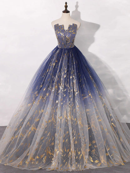 A-Line Tulle Blue Long Prom Dress, Blue Tulle Long Evening Dresses ED0739