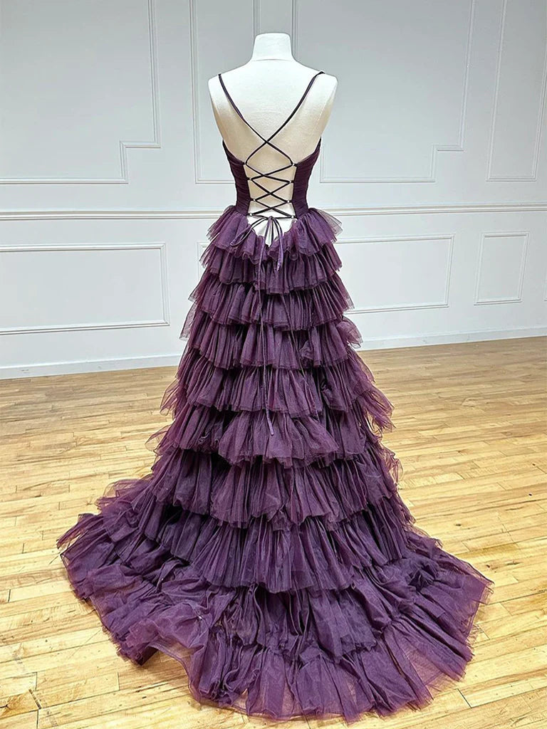 A-Line Backless Tulle Purple Long Prom Dress, Tulle Long Formal Dress   ED074