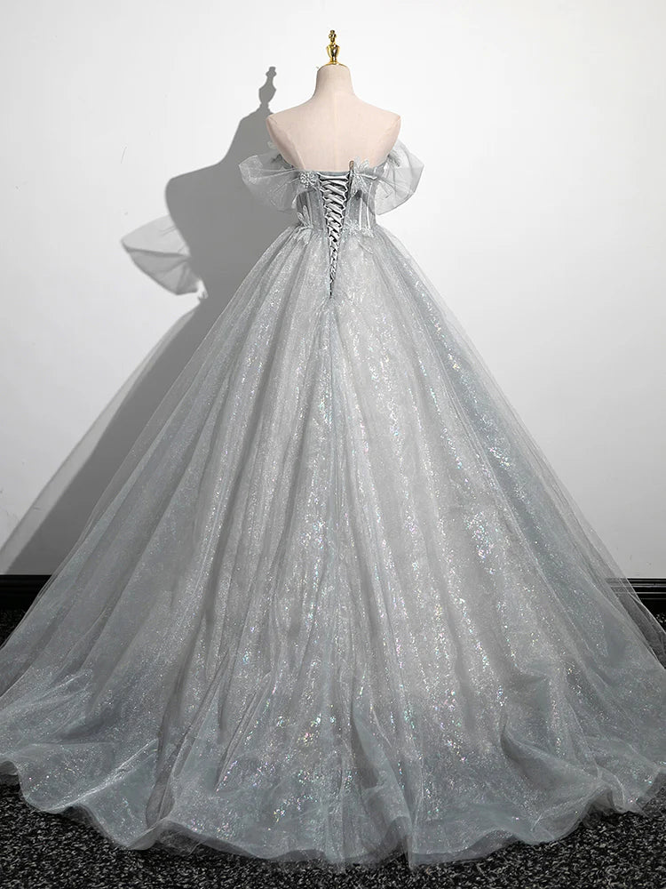 Gray A-Line Tulle Long Prom Dress, Gray Tulle Formal Evening Dress ED0741