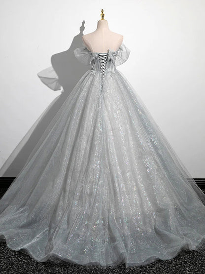 Gray A-Line Tulle Long Prom Dress, Gray Tulle Formal Evening Dress ED0741