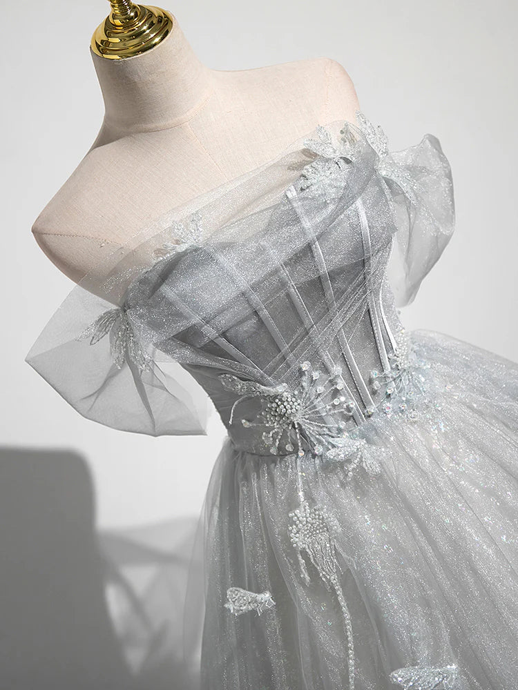 Gray A-Line Tulle Long Prom Dress, Gray Tulle Formal Evening Dress ED0741