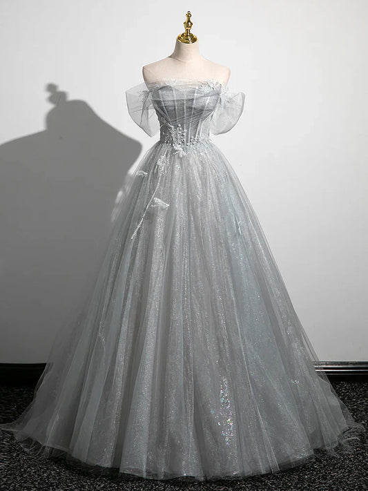 Gray A-Line Tulle Long Prom Dress, Gray Tulle Formal Evening Dress ED0741