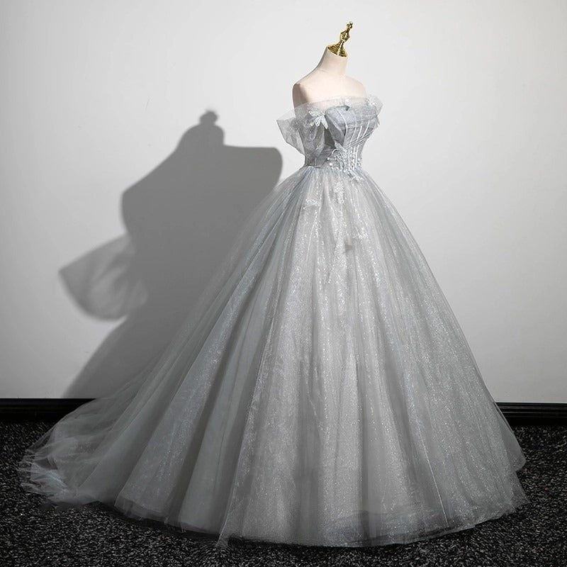 Gray A-Line Tulle Long Prom Dress, Gray Tulle Formal Evening Dress ED0741