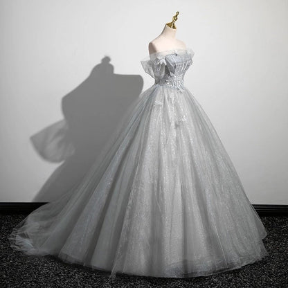 Gray A-Line Tulle Long Prom Dress, Gray Tulle Formal Evening Dress ED0741