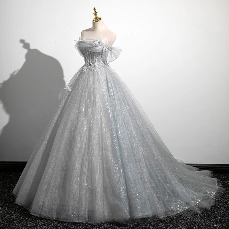 Gray A-Line Tulle Long Prom Dress, Gray Tulle Formal Evening Dress ED0741