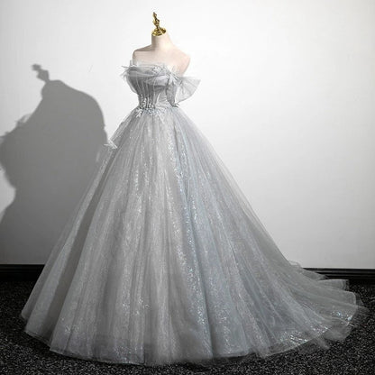 Gray A-Line Tulle Long Prom Dress, Gray Tulle Formal Evening Dress ED0741